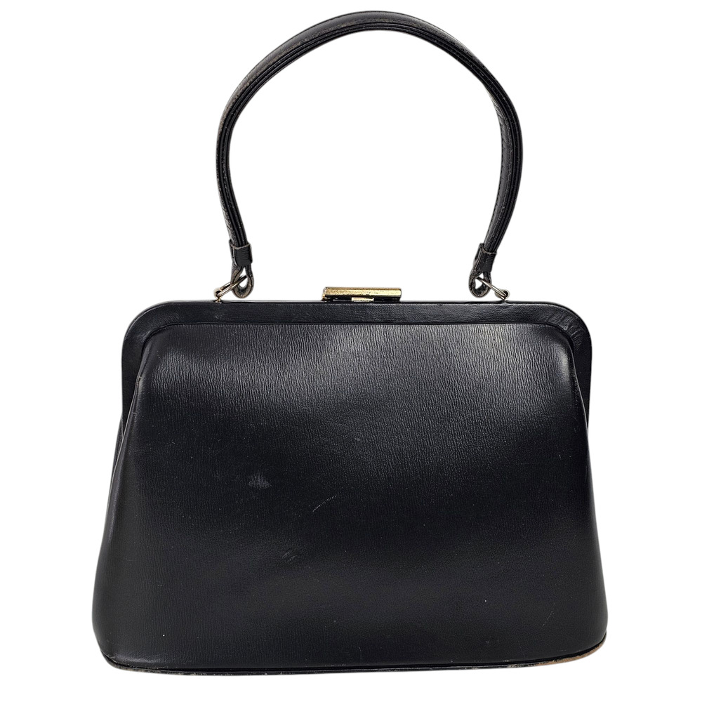 VNT 1970s black leather handbag purse snap lock frame fair condition - Picture 2 of 14